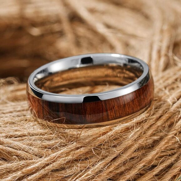 4,6,8mm Basic Black/Sliver Titanium Wood Wedding Band Engagement Ring for Men Wo - Picture 2 of 5